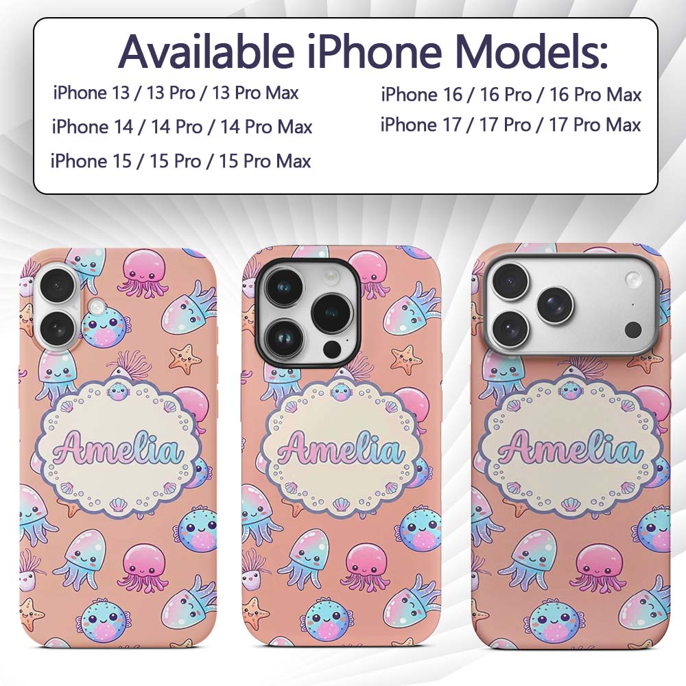 Kawaii Jellyfish Starfish and Sea Creatures Warm Custom Name Protective Phone Case Mobile Cover Durable Everyday Smartphone Shock Resistant