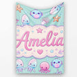 Kawaii Jellyfish Starfish and Sea Creatures Mint Green Background  Personalised Custom Name Super Soft Fleece Blanket Bed Sofa Throw