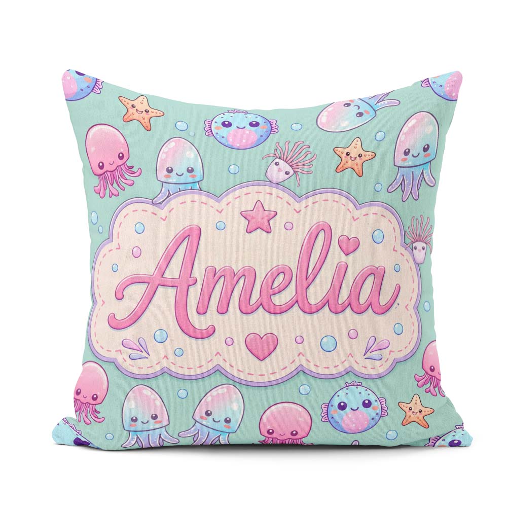 Custom Name Jellyfish Starfish and Sea Creatures Mint Background Square Filled Cushion Throw Pillow Sofa Bed Home Decor Zip Washable UK Made