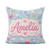 Custom Name Jellyfish Starfish and Sea Creatures Mint Background Square Filled Cushion Throw Pillow Sofa Bed Home Decor Zip Washable UK Made