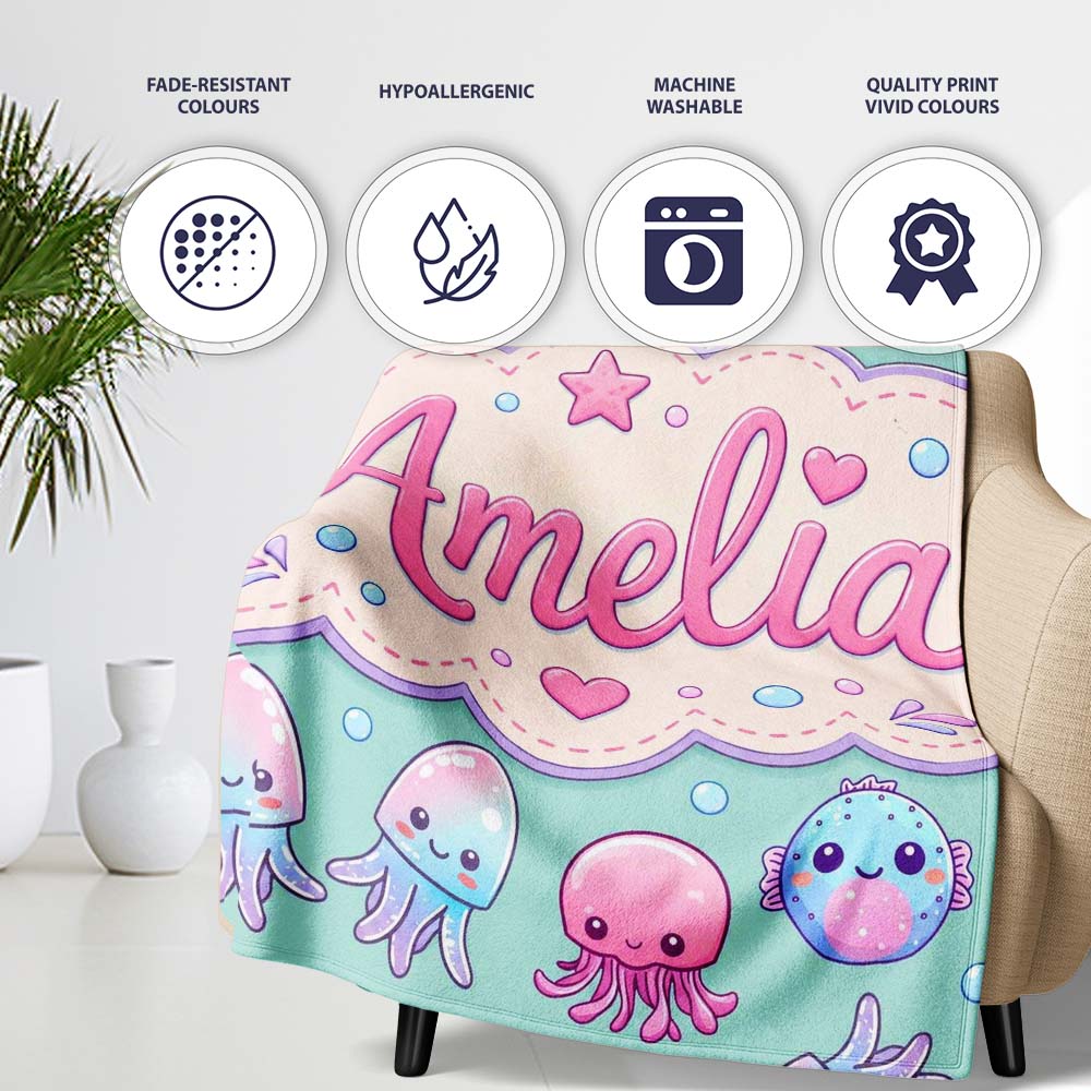 Kawaii Jellyfish Starfish and Sea Creatures Mint Green Background  Personalised Custom Name Super Soft Fleece Blanket Bed Sofa Throw