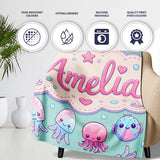 Kawaii Jellyfish Starfish and Sea Creatures Mint Green Background  Personalised Custom Name Super Soft Fleece Blanket Bed Sofa Throw