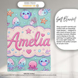 Kawaii Jellyfish Starfish and Sea Creatures Mint Green Background  Personalised Custom Name Super Soft Fleece Blanket Bed Sofa Throw