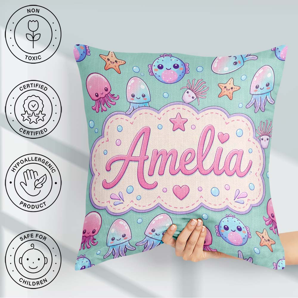 Custom Name Jellyfish Starfish and Sea Creatures Mint Background Square Filled Cushion Throw Pillow Sofa Bed Home Decor Zip Washable UK Made