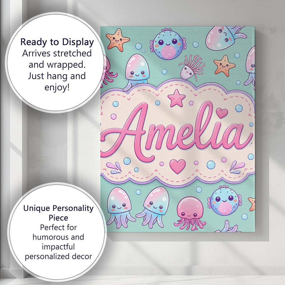 Personalised Name Kawaii Jellyfish Starfish Custom  Bespoke Interior Contemporary Canvas Wall Art Print Decor Picture Ready to Hang