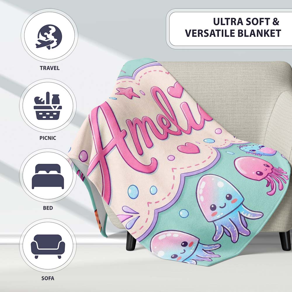 Kawaii Jellyfish Starfish and Sea Creatures Mint Green Background  Personalised Custom Name Super Soft Fleece Blanket Bed Sofa Throw