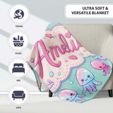 Kawaii Jellyfish Starfish and Sea Creatures Mint Green Background  Personalised Custom Name Super Soft Fleece Blanket Bed Sofa Throw