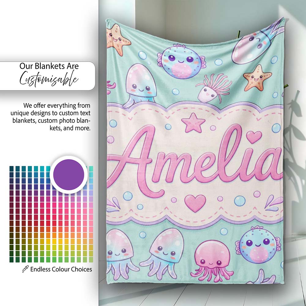 Kawaii Jellyfish Starfish and Sea Creatures Mint Green Background  Personalised Custom Name Super Soft Fleece Blanket Bed Sofa Throw