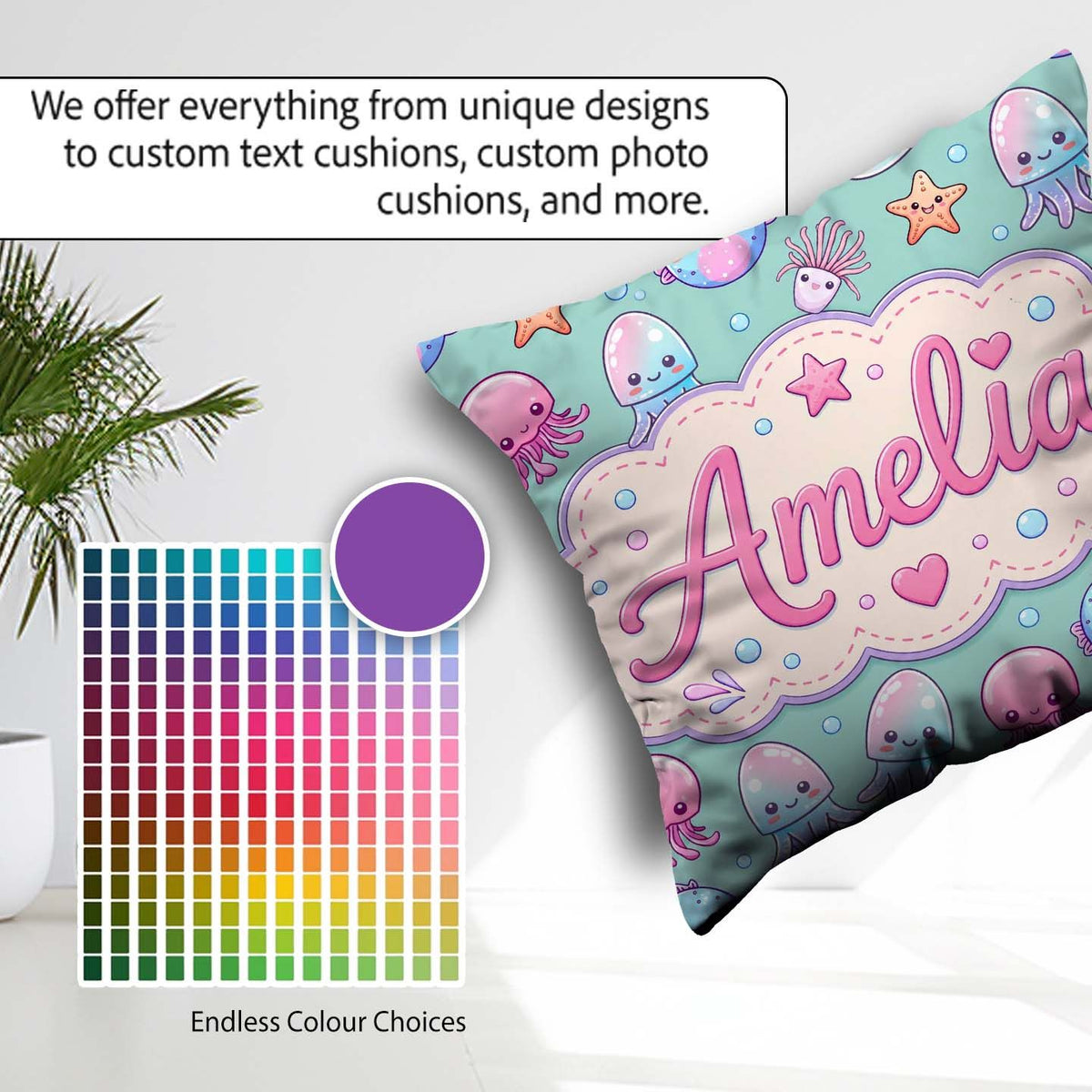Custom Name Jellyfish Starfish and Sea Creatures Mint Background Square Filled Cushion Throw Pillow Sofa Bed Home Decor Zip Washable UK Made