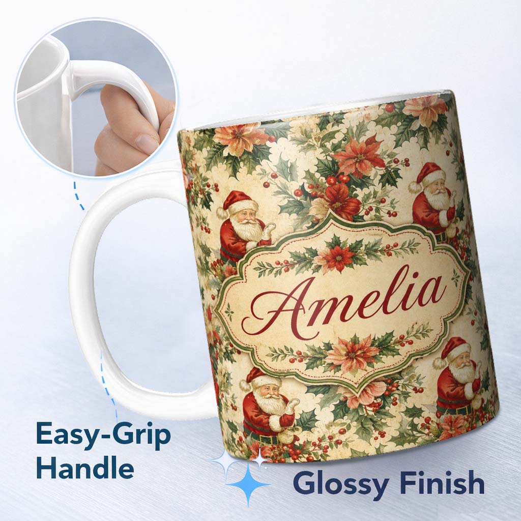 Personalized Custom Name Vintage Santa Claus Holly Leaves Floral Christmas Seamless Pattern 11oz Ceramic Coffee Tea Mug White Large Handle