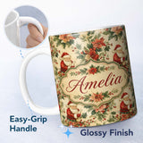 Personalized Custom Name Vintage Santa Claus Holly Leaves Floral Christmas Seamless Pattern 11oz Ceramic Coffee Tea Mug White Large Handle