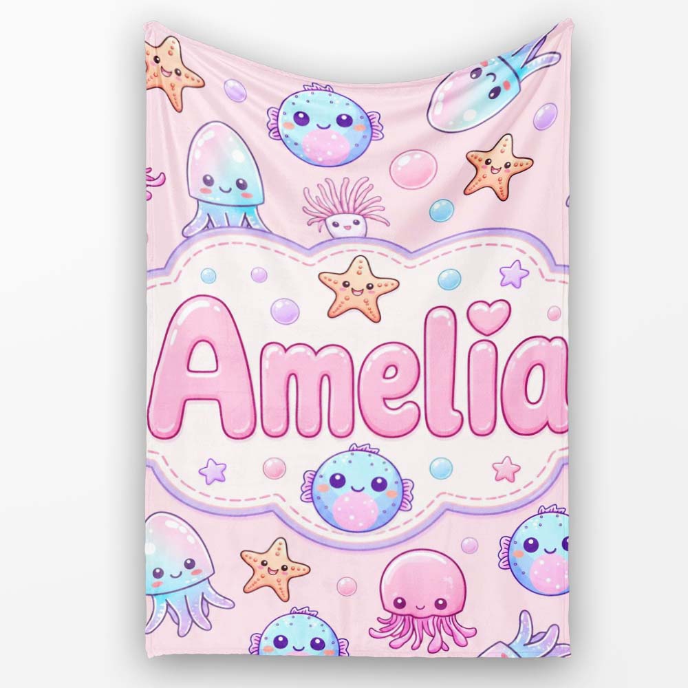 Jellyfish Starfish and Cute Sea Creatures Soft Blush Pink Background  Personalised Custom Name Super Soft Fleece Blanket Bed Sofa Throw