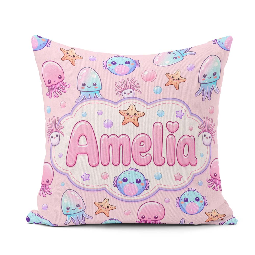 Custom Name Jellyfish Starfish and Sea Creatures Soft Blush Pink Square Filled Cushion Throw Pillow Sofa Bed Home Decor Zip Washable UK Made