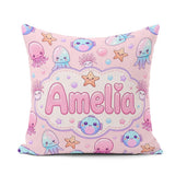 Custom Name Jellyfish Starfish and Sea Creatures Soft Blush Pink Square Filled Cushion Throw Pillow Sofa Bed Home Decor Zip Washable UK Made