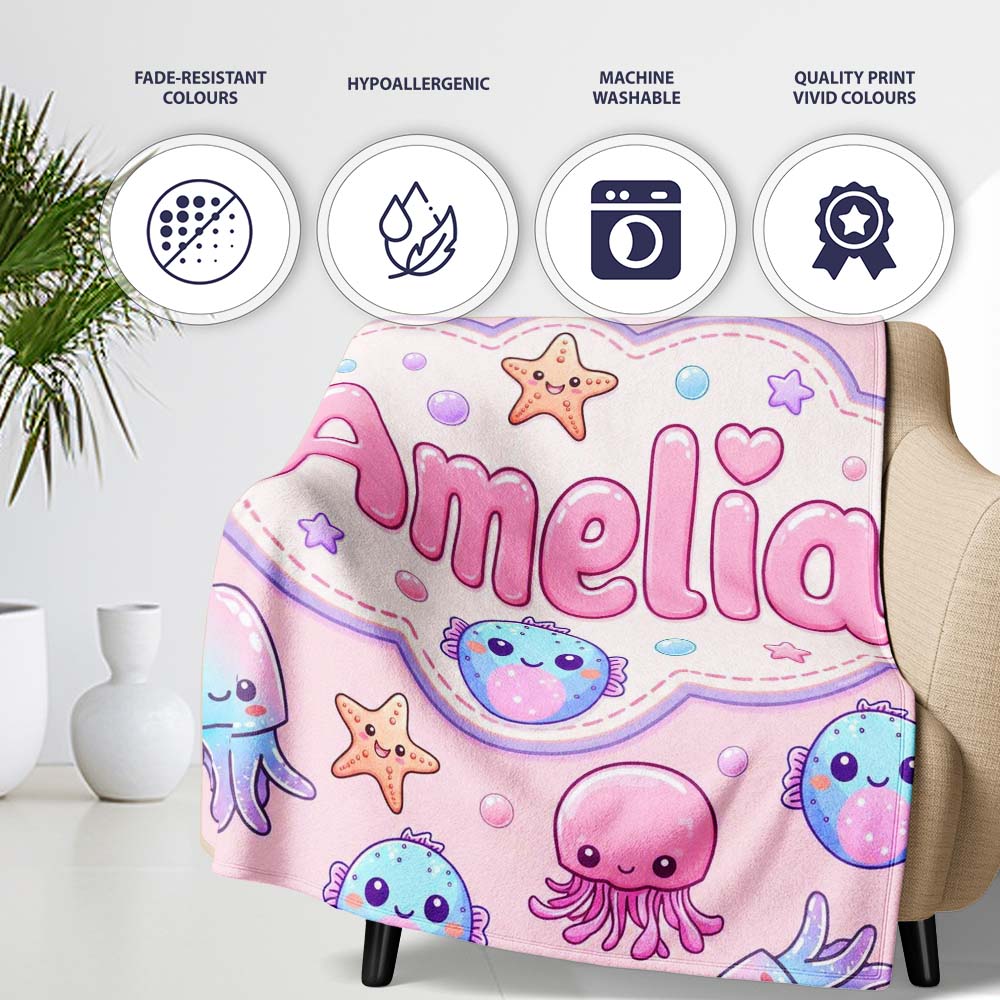 Jellyfish Starfish and Cute Sea Creatures Soft Blush Pink Background  Personalised Custom Name Super Soft Fleece Blanket Bed Sofa Throw
