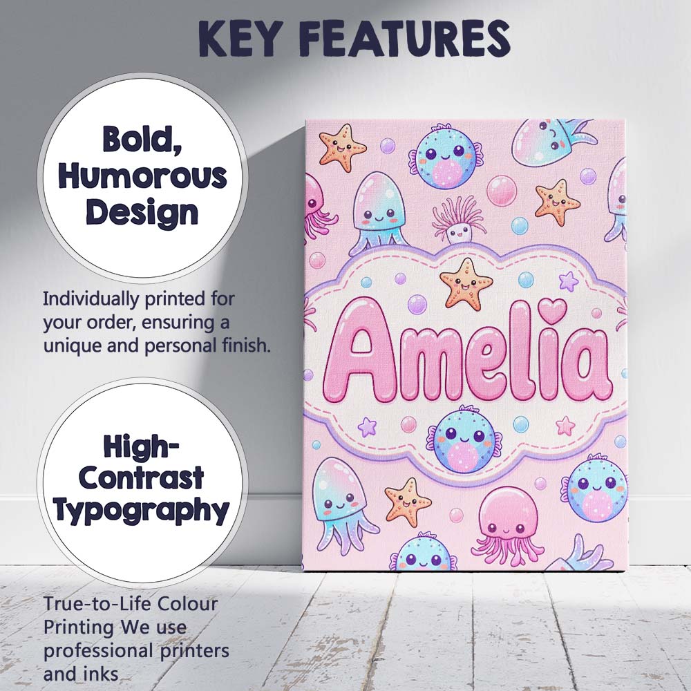 Personalised Name Jellyfish Starfish and Custom  Unique Gift Idea Elegant Feature Canvas Wall Art Print Decor Picture Ready to Hang