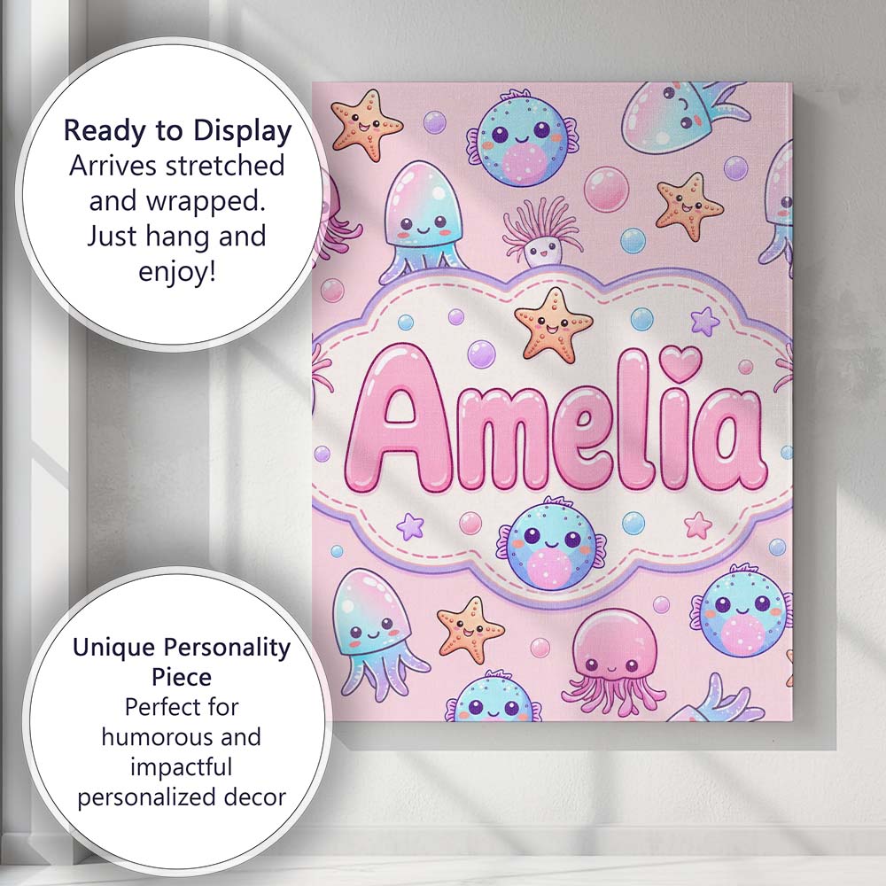 Personalised Name Jellyfish Starfish and Custom  Unique Gift Idea Elegant Feature Canvas Wall Art Print Decor Picture Ready to Hang