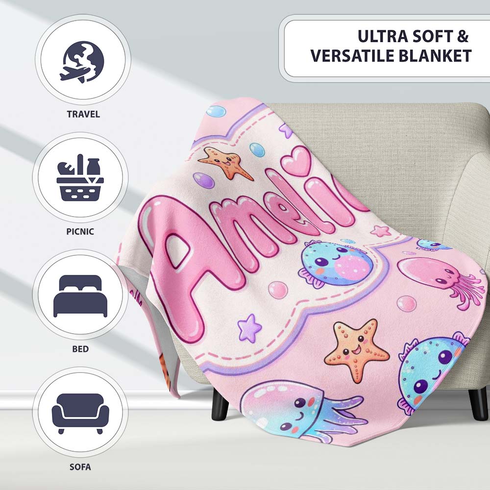 Jellyfish Starfish and Cute Sea Creatures Soft Blush Pink Background  Personalised Custom Name Super Soft Fleece Blanket Bed Sofa Throw
