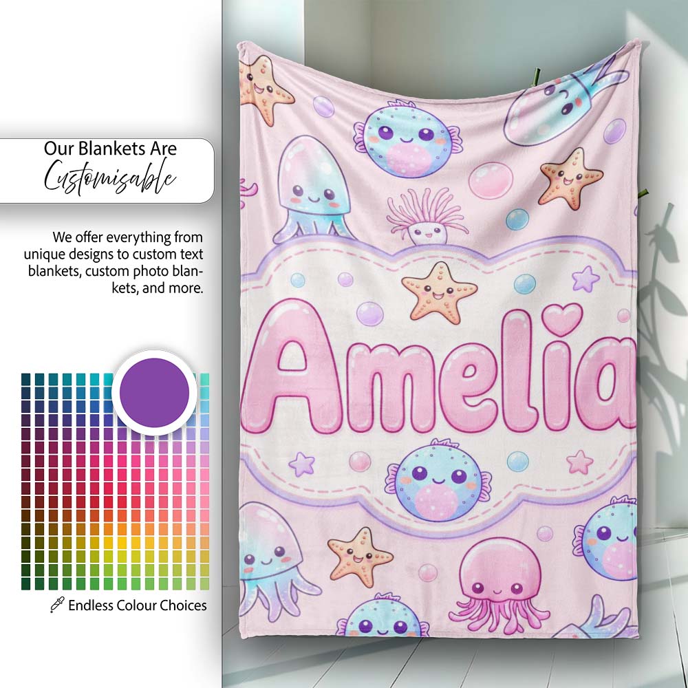 Jellyfish Starfish and Cute Sea Creatures Soft Blush Pink Background  Personalised Custom Name Super Soft Fleece Blanket Bed Sofa Throw