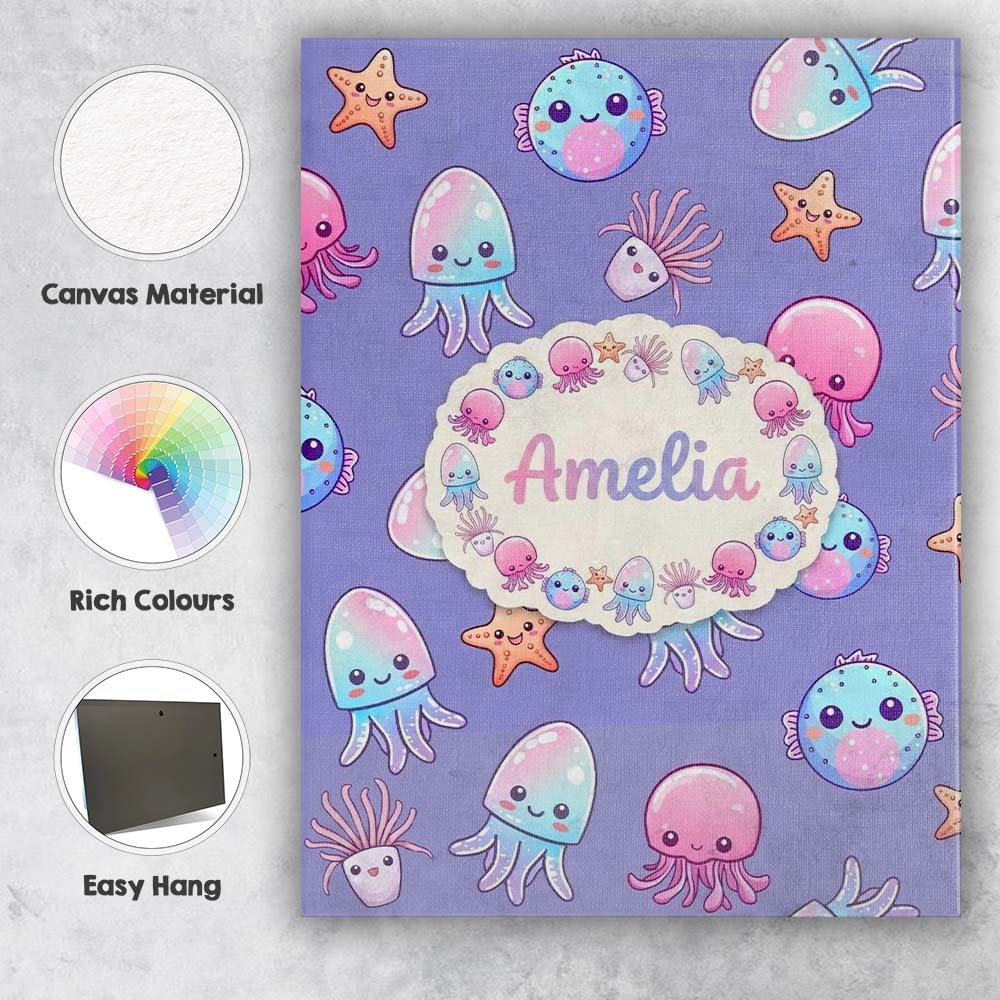 Personalised Name Jellyfish Starfish and Custom  Unique Gift Idea Elegant Feature Canvas Wall Art Print Decor Picture Ready to Hang