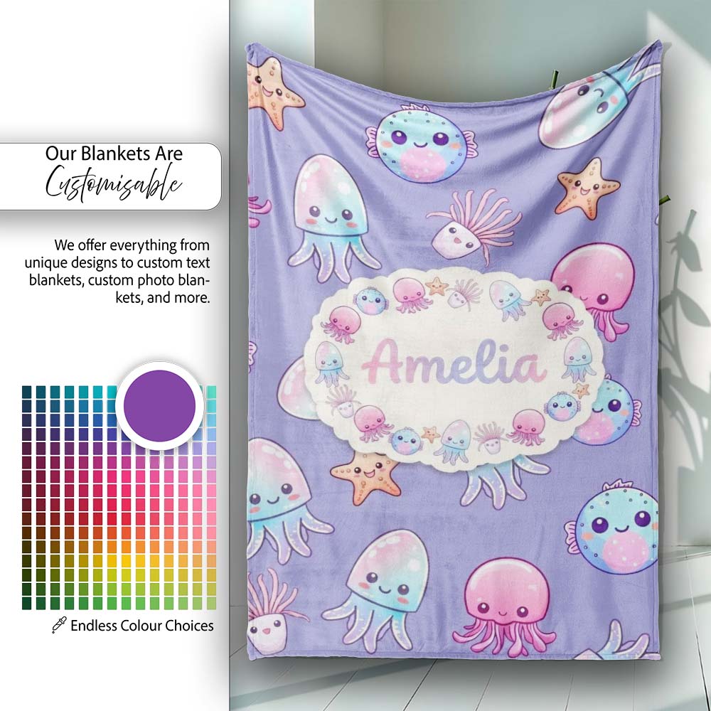 Jellyfish Starfish and Cute Sea Creatures Lavender Purple Background  Personalised Custom Name Super Soft Fleece Blanket Bed Sofa Throw