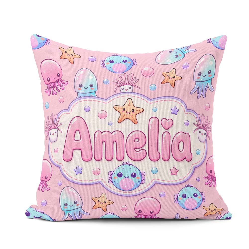 Custom Name Jellyfish Starfish and Cute Sea Creatures Warm Pink Square Filled Cushion Throw Pillow Sofa Bed Home Decor Zip Washable UK Made