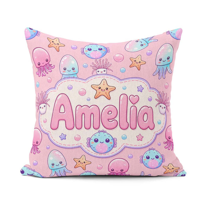 Custom Name Jellyfish Starfish and Cute Sea Creatures Warm Pink Square Filled Cushion Throw Pillow Sofa Bed Home Decor Zip Washable UK Made