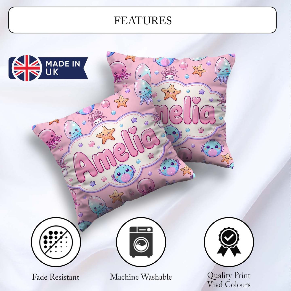 Custom Name Jellyfish Starfish and Cute Sea Creatures Warm Pink Square Filled Cushion Throw Pillow Sofa Bed Home Decor Zip Washable UK Made