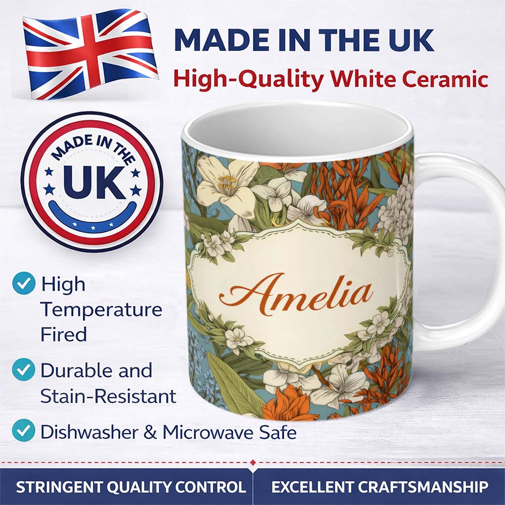 Personalized Custom Name Botanical Floral Illustration Blue Background Seamless Lovely 11oz Ceramic Coffee Tea Mug White Large Handle