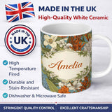 Personalized Custom Name Botanical Floral Illustration Blue Background Seamless Lovely 11oz Ceramic Coffee Tea Mug White Large Handle