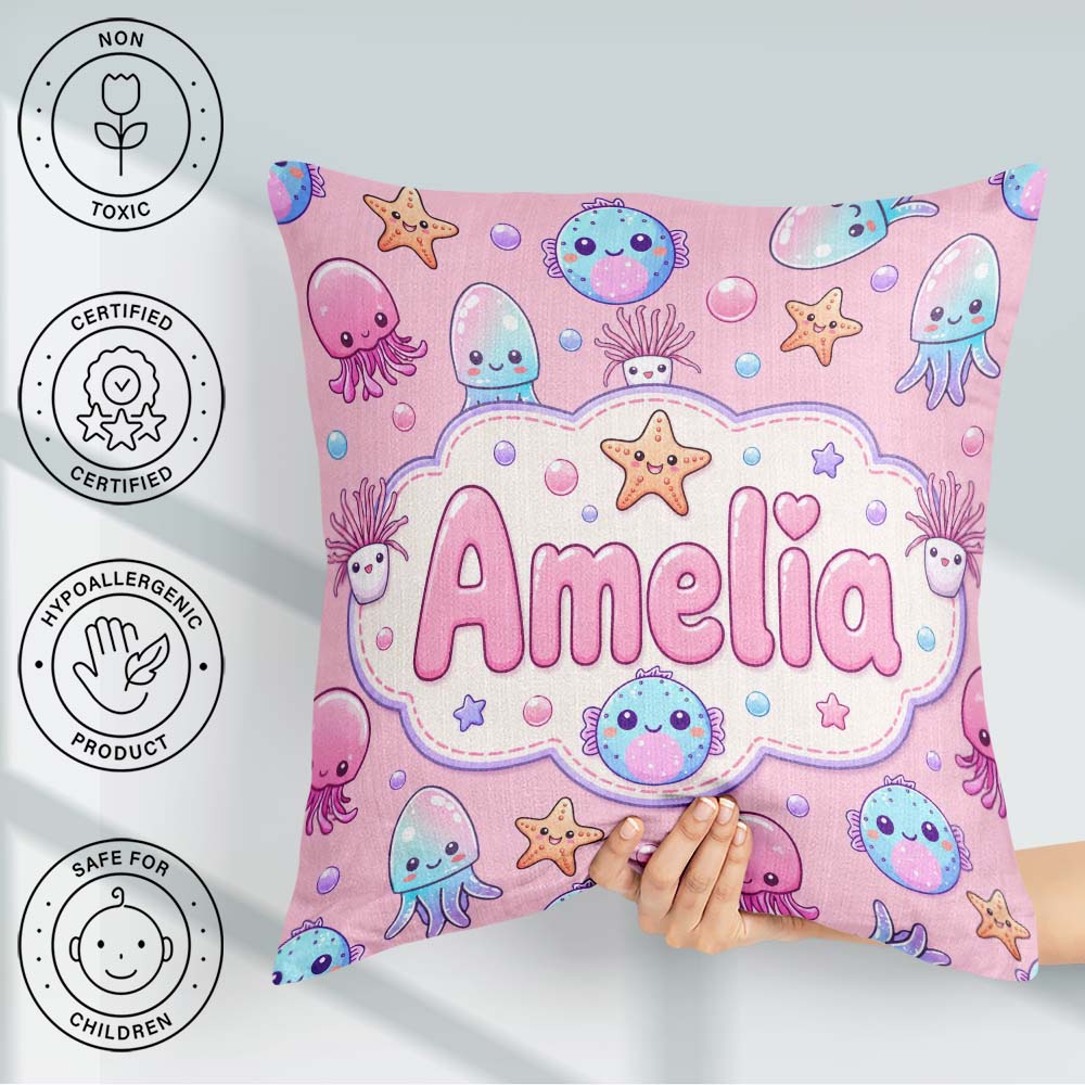 Custom Name Jellyfish Starfish and Cute Sea Creatures Warm Pink Square Filled Cushion Throw Pillow Sofa Bed Home Decor Zip Washable UK Made