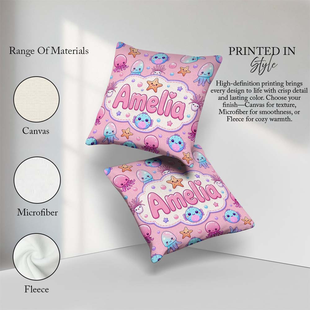 Custom Name Jellyfish Starfish and Cute Sea Creatures Warm Pink Square Filled Cushion Throw Pillow Sofa Bed Home Decor Zip Washable UK Made