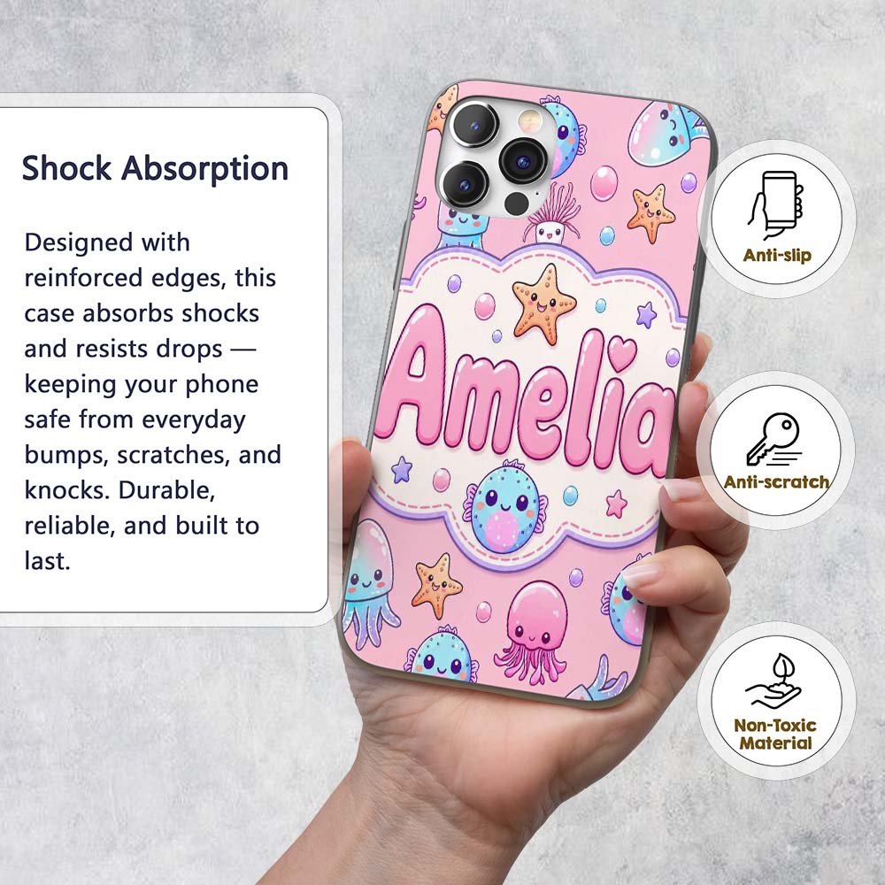 Kawaii Jellyfish Starfish and Cute Sea Creatures Custom Name Protective Phone Case Mobile Cover Durable Everyday Smartphone Shock Resistant