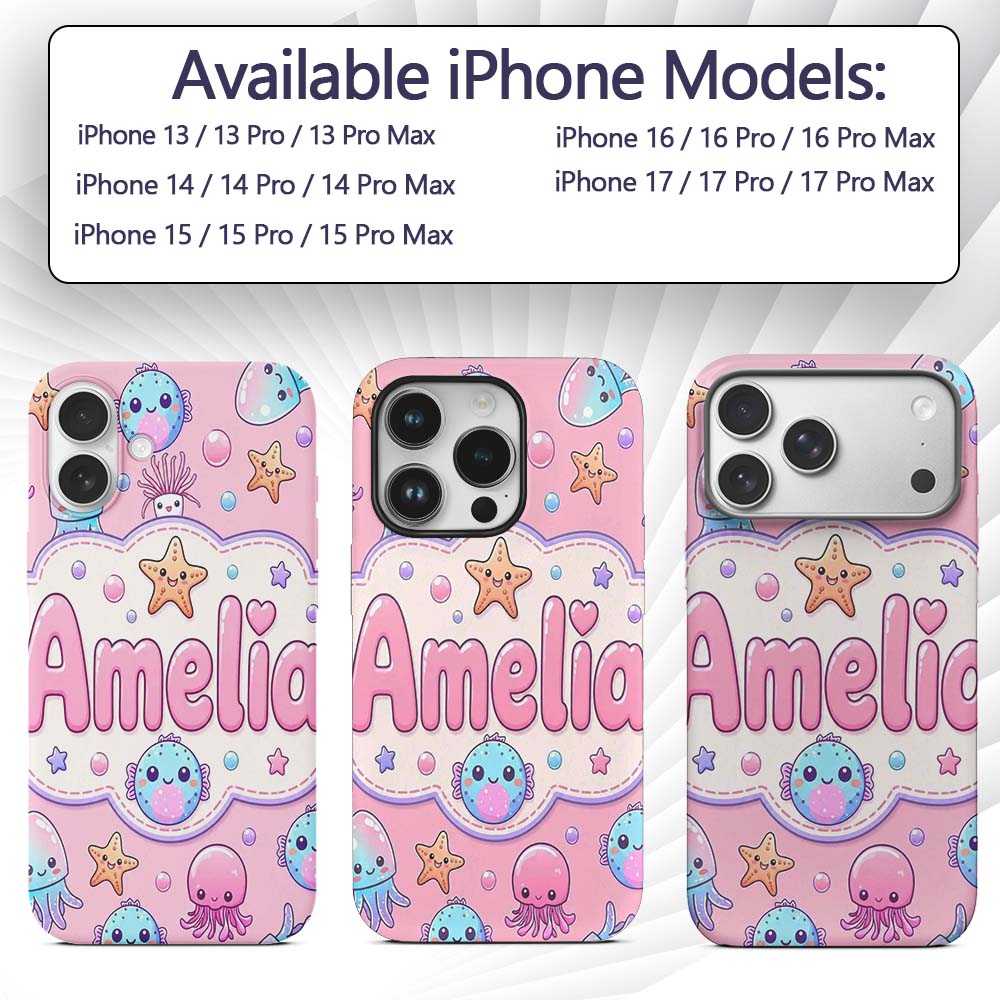 Kawaii Jellyfish Starfish and Cute Sea Creatures Custom Name Protective Phone Case Mobile Cover Durable Everyday Smartphone Shock Resistant