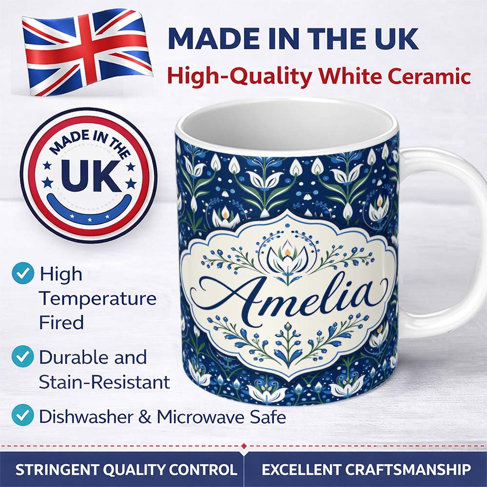 Personalized Custom Name Symmetrical Blue Floral Folk Art Pattern with White Blooms Seamless 11oz Ceramic Coffee Tea Mug White Large Handle