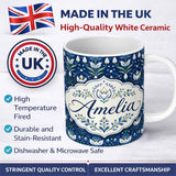 Personalized Custom Name Symmetrical Blue Floral Folk Art Pattern with White Blooms Seamless 11oz Ceramic Coffee Tea Mug White Large Handle