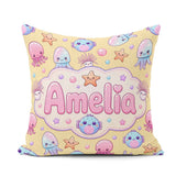 Custom Name Jellyfish and Cute Sea Creatures Warm Mustard Yellow Square Filled Cushion Throw Pillow Sofa Bed Home Decor Zip Washable UK Made