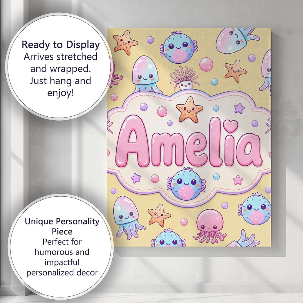 Personalised Name Jellyfish Starfish and Custom  Unique Gift Idea Elegant Feature Canvas Wall Art Print Decor Picture Ready to Hang