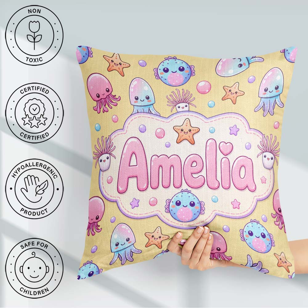 Custom Name Jellyfish and Cute Sea Creatures Warm Mustard Yellow Square Filled Cushion Throw Pillow Sofa Bed Home Decor Zip Washable UK Made