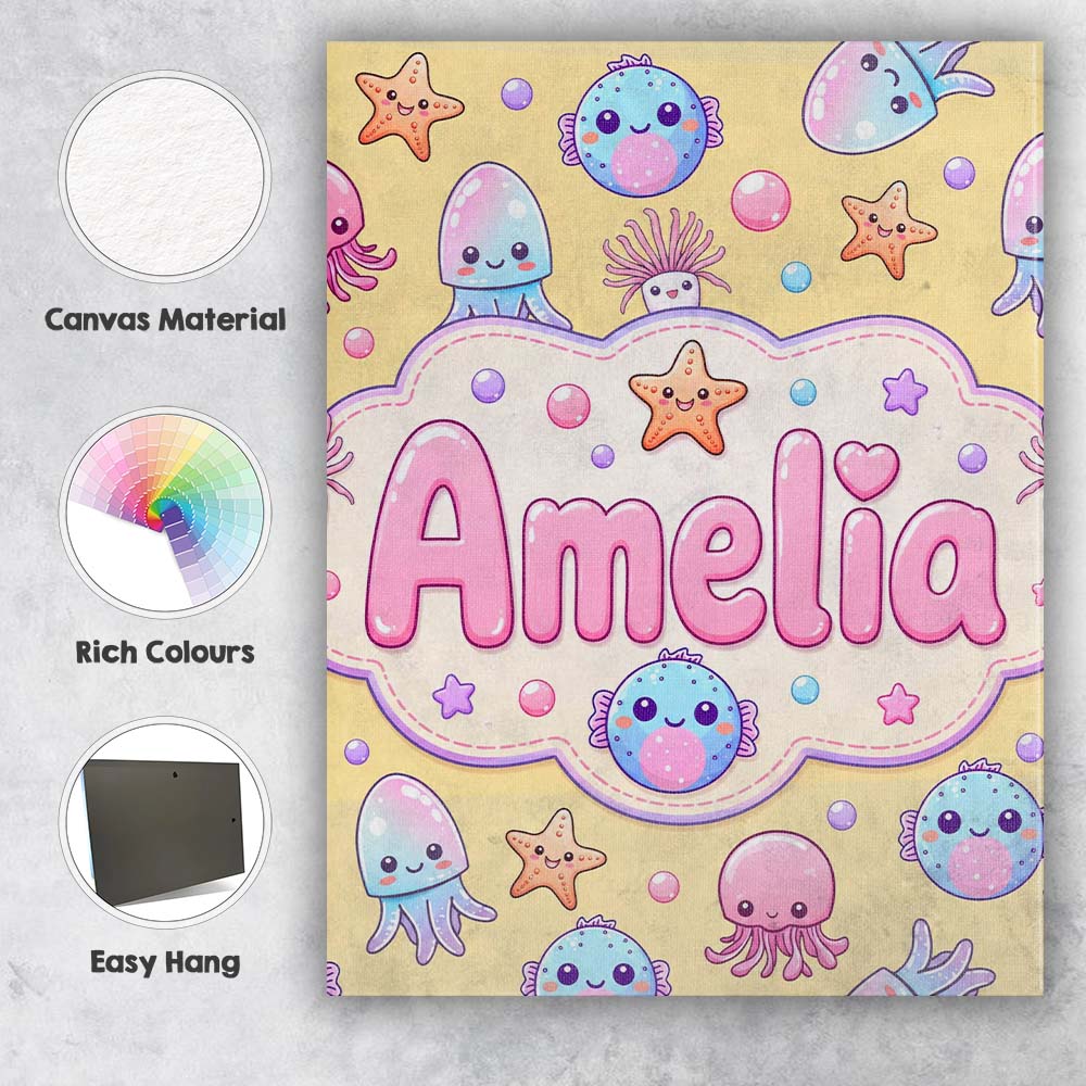 Personalised Name Jellyfish Starfish and Custom  Unique Gift Idea Elegant Feature Canvas Wall Art Print Decor Picture Ready to Hang