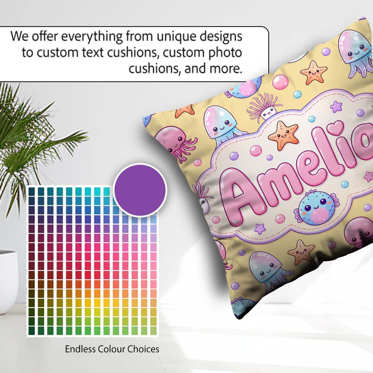 Custom Name Jellyfish and Cute Sea Creatures Warm Mustard Yellow Square Filled Cushion Throw Pillow Sofa Bed Home Decor Zip Washable UK Made