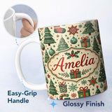 Personalized Custom Name Christmas Tree Snowflake Ornament Holiday Festive Seamless Pattern 11oz Ceramic Coffee Tea Mug White Large Handle