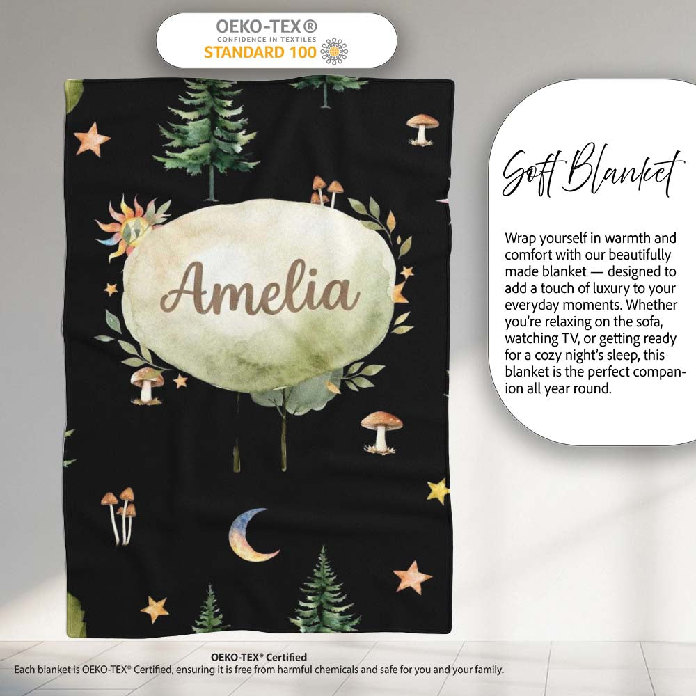 Watercolour Forest Trees Mushrooms Sun Moon and Stars Woodland  Personalised Custom Name Super Soft Fleece Blanket Bed Sofa Throw