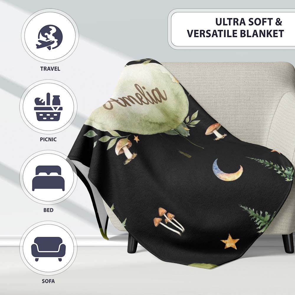 Watercolour Forest Trees Mushrooms Sun Moon and Stars Woodland  Personalised Custom Name Super Soft Fleece Blanket Bed Sofa Throw