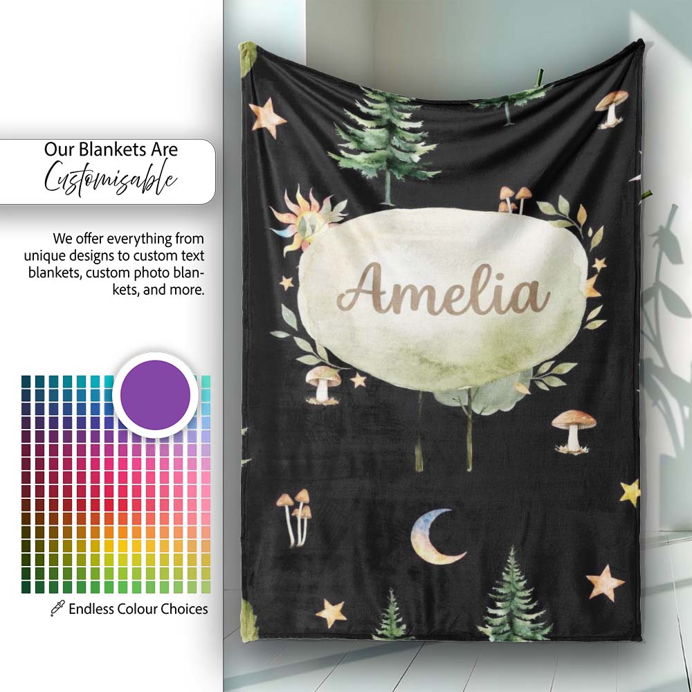Watercolour Forest Trees Mushrooms Sun Moon and Stars Woodland  Personalised Custom Name Super Soft Fleece Blanket Bed Sofa Throw