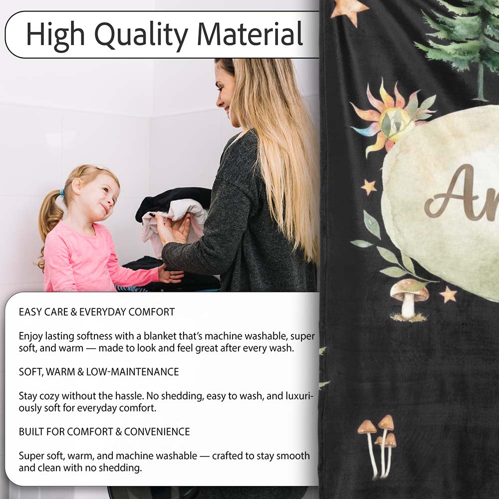 Watercolour Forest Trees Mushrooms Sun Moon and Stars Woodland  Personalised Custom Name Super Soft Fleece Blanket Bed Sofa Throw
