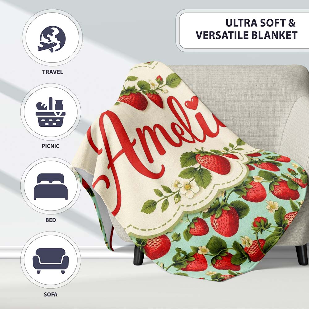 Vintage Style Strawberries and Blossoms on Soft Mint Green Lovely  Personalised Custom Name Super Soft Fleece Blanket Bed Sofa Throw
