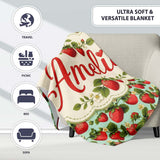 Vintage Style Strawberries and Blossoms on Soft Mint Green Lovely  Personalised Custom Name Super Soft Fleece Blanket Bed Sofa Throw