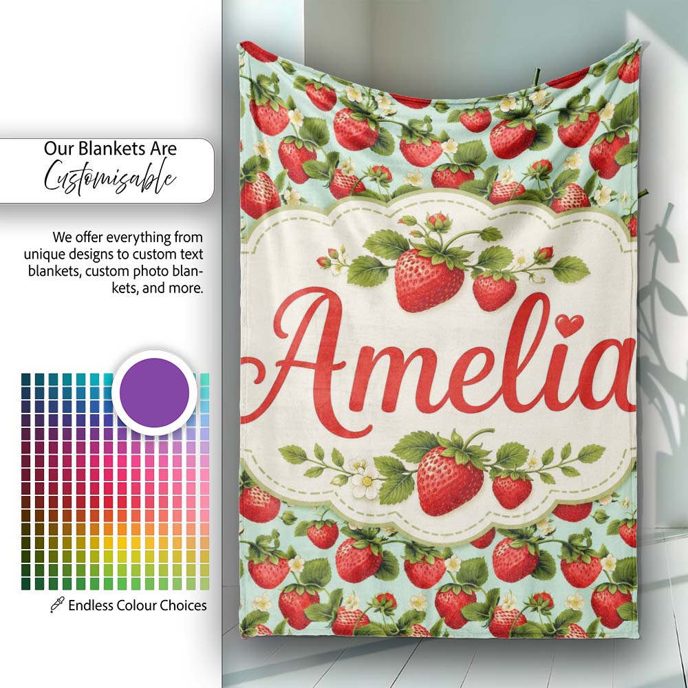 Vintage Style Strawberries and Blossoms on Soft Mint Green Lovely  Personalised Custom Name Super Soft Fleece Blanket Bed Sofa Throw