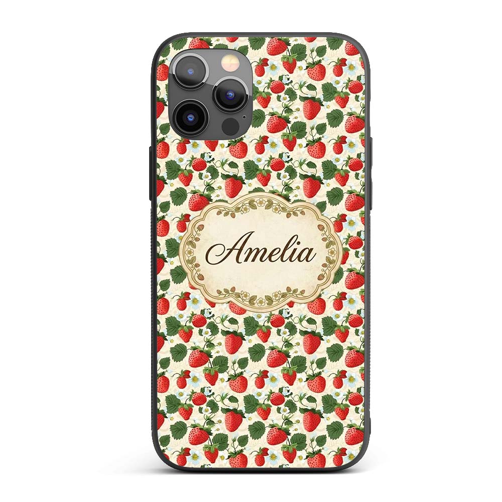 Vintage Strawberries and Floral Garden on Cream Custom Name Protective Phone Case Mobile Cover Durable Everyday Smartphone Shock Resistant